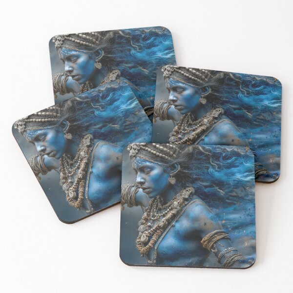 Item preview, Blue-Skinned Mythic Goddess with Flowing Hair and Tribal Jewellery designed and sold by AI-lineDesign.