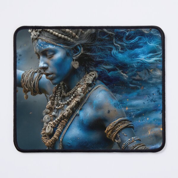 Item preview, Blue-Skinned Mythic Goddess with Flowing Hair and Tribal Jewellery designed and sold by AI-lineDesign.