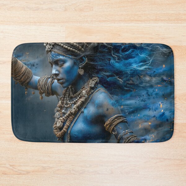 Item preview, Blue-Skinned Mythic Goddess with Flowing Hair and Tribal Jewellery designed and sold by AI-lineDesign.