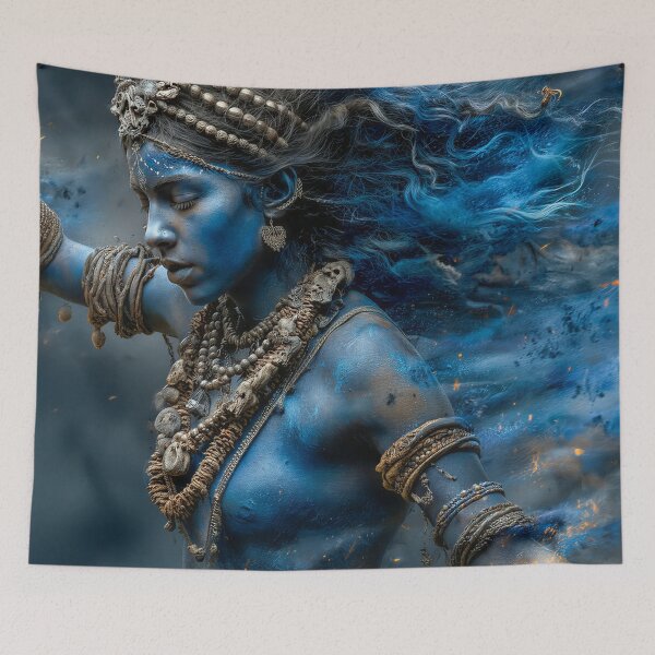 Item preview, Blue-Skinned Mythic Goddess with Flowing Hair and Tribal Jewellery designed and sold by AI-lineDesign.