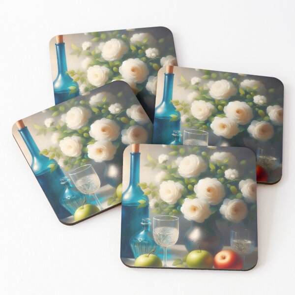 Item preview, Still Life with Blue Glass Bottle – White Peonies and Apples on Table designed and sold by EmeraldeaArt.