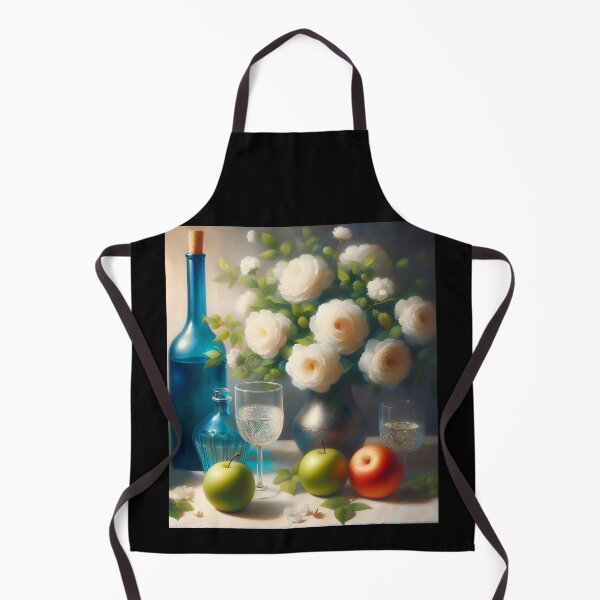 Item preview, Still Life with Blue Glass Bottle – White Peonies and Apples on Table designed and sold by EmeraldeaArt.