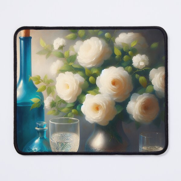 Item preview, Still Life with Blue Glass Bottle – White Peonies and Apples on Table designed and sold by EmeraldeaArt.