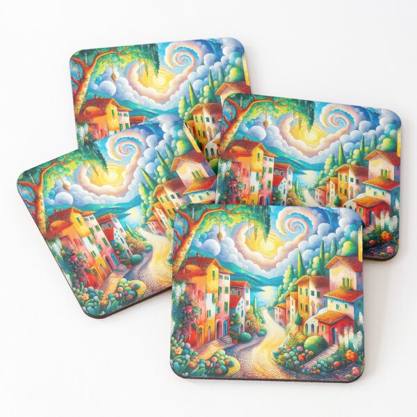 Item preview, Boho Tuscany Street – Whimsical Houses Floral Trees and Dreamy Clouds Illustration designed and sold by EmeraldeaArt.