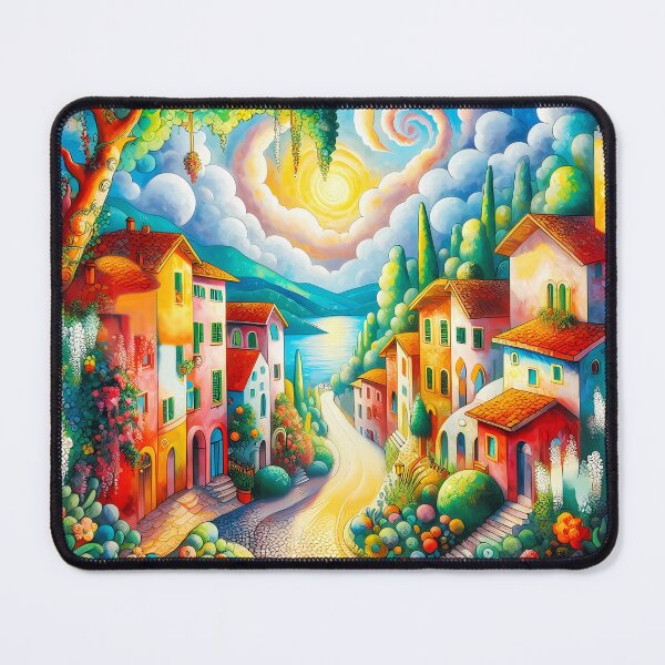 Item preview, Boho Tuscany Street – Whimsical Houses Floral Trees and Dreamy Clouds Illustration designed and sold by EmeraldeaArt.