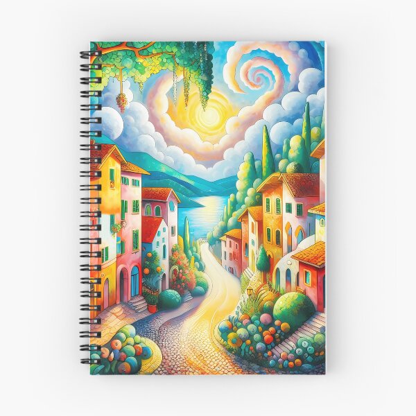 Item preview, Boho Tuscany Street – Whimsical Houses Floral Trees and Dreamy Clouds Illustration designed and sold by EmeraldeaArt.