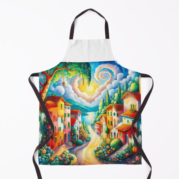 Item preview, Boho Tuscany Street – Whimsical Houses Floral Trees and Dreamy Clouds Illustration designed and sold by EmeraldeaArt.