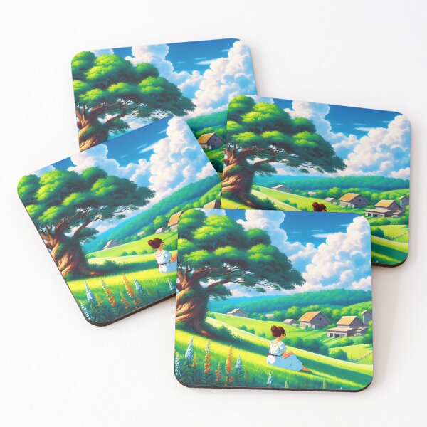 Item preview, Anime Farm Scene – Girl Sitting Back to View, Green Fields, Big Tree and Distant House designed and sold by EmeraldeaArt.