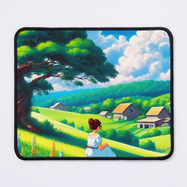 Item preview, Anime Farm Scene – Girl Sitting Back to View, Green Fields, Big Tree and Distant House designed and sold by EmeraldeaArt.