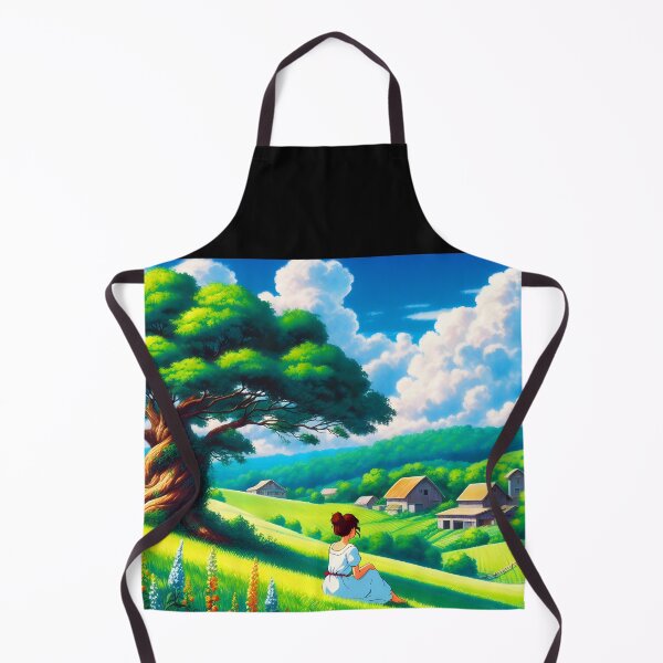 Item preview, Anime Farm Scene – Girl Sitting Back to View, Green Fields, Big Tree and Distant House designed and sold by EmeraldeaArt.