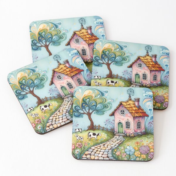 Item preview, Boho Pink Little Farm House – Cobblestone Path, Cows, Whimsical Tree and Florals designed and sold by EmeraldeaArt.