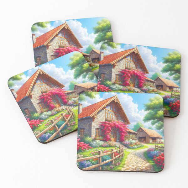 Item preview, Countryside Farm House – Floral Fence and Summer Blooms by the Door designed and sold by EmeraldeaArt.