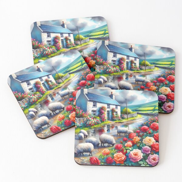 Item preview, Farmhouse with Blue Roof – Sheep on the Road, Roses Blooming After Rain with Puddles designed and sold by EmeraldeaArt.