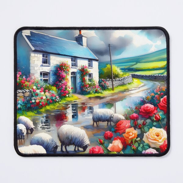 Item preview, Farmhouse with Blue Roof – Sheep on the Road, Roses Blooming After Rain with Puddles designed and sold by EmeraldeaArt.