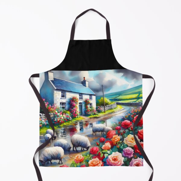 Item preview, Farmhouse with Blue Roof – Sheep on the Road, Roses Blooming After Rain with Puddles designed and sold by EmeraldeaArt.