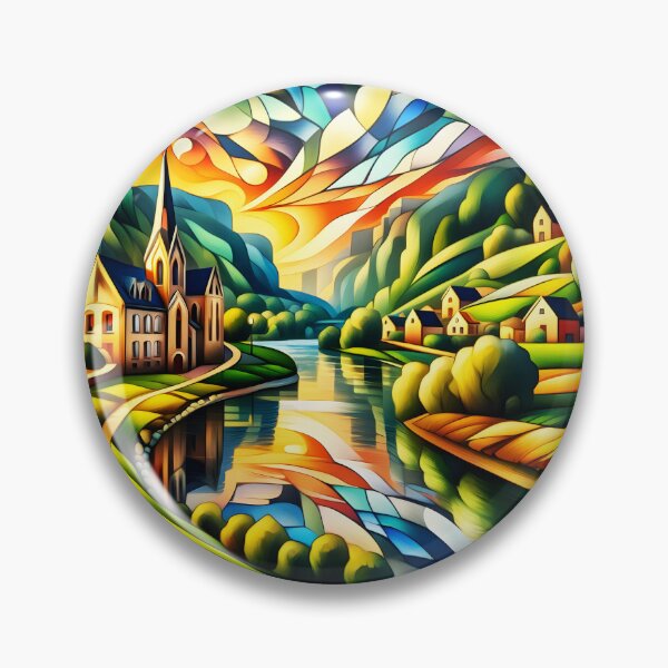 Item preview, Cubist Riverside Town – Green, Blue and Red Abstract Geometric Cityscape designed and sold by EmeraldeaArt.