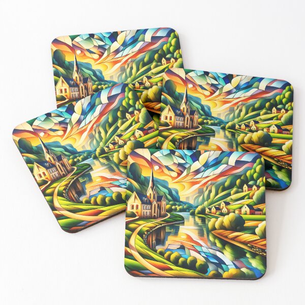 Item preview, Cubist Riverside Town – Green, Blue and Red Abstract Geometric Cityscape designed and sold by EmeraldeaArt.
