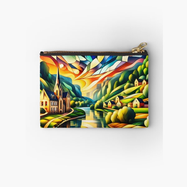 Item preview, Cubist Riverside Town – Green, Blue and Red Abstract Geometric Cityscape designed and sold by EmeraldeaArt.