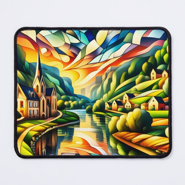 Item preview, Cubist Riverside Town – Green, Blue and Red Abstract Geometric Cityscape designed and sold by EmeraldeaArt.