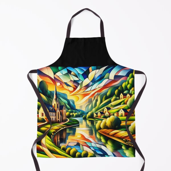 Item preview, Cubist Riverside Town – Green, Blue and Red Abstract Geometric Cityscape designed and sold by EmeraldeaArt.