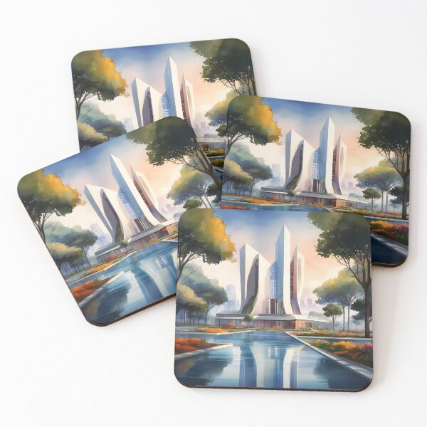 Item preview, White Futuristic Skyscraper – Autumn Watercolor Cityscape designed and sold by EmeraldeaArt.