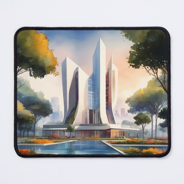 Item preview, White Futuristic Skyscraper – Autumn Watercolor Cityscape designed and sold by EmeraldeaArt.
