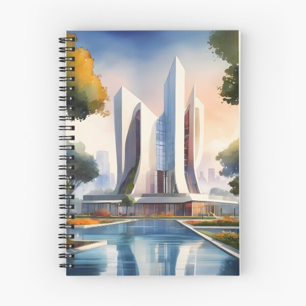 Item preview, White Futuristic Skyscraper – Autumn Watercolor Cityscape designed and sold by EmeraldeaArt.