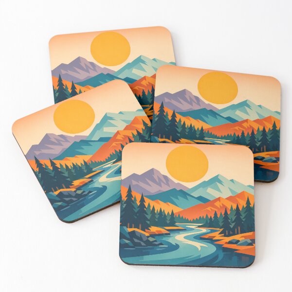Item preview, Geometric Mountain River Sunset Landscape designed and sold by InkSmithery.