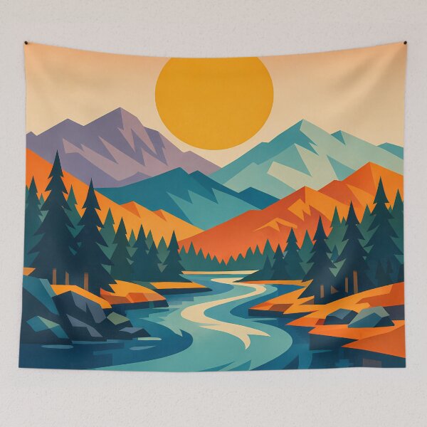 Item preview, Geometric Mountain River Sunset Landscape designed and sold by InkSmithery.