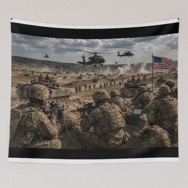 Item preview, US Army Combat Scene Helicopters Tanks Soldiers Battlefield designed and sold by riki2365.