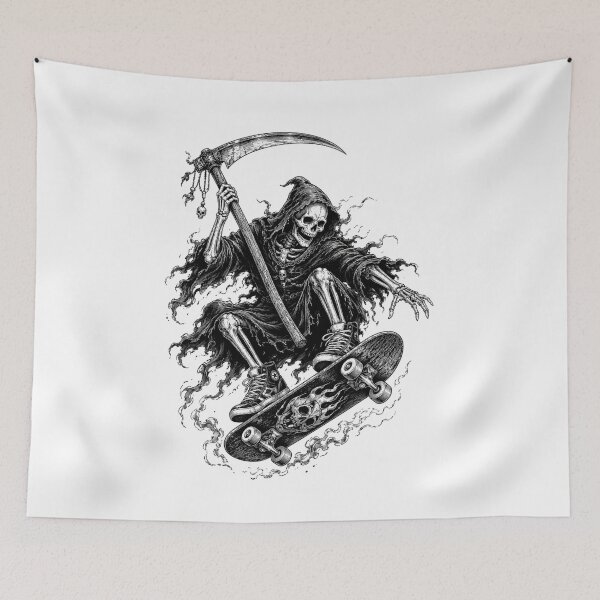 Item preview, Grim Reaper Skateboarding Black and White Gothic Design designed and sold by Sleepy Ghoul.