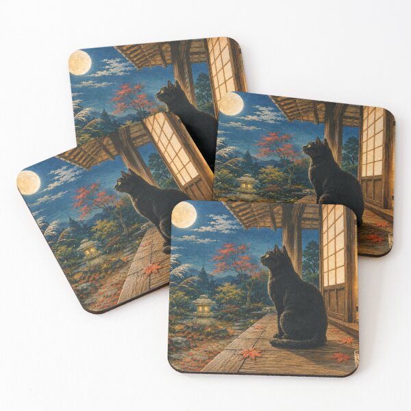 Item preview, Black Cat with Moon and Susuki - Autumn Night Japanese Ukiyo-e Art designed and sold by WabiSabiArts.