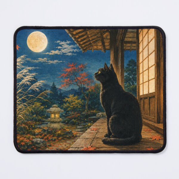 Item preview, Black Cat with Moon and Susuki - Autumn Night Japanese Ukiyo-e Art designed and sold by WabiSabiArts.