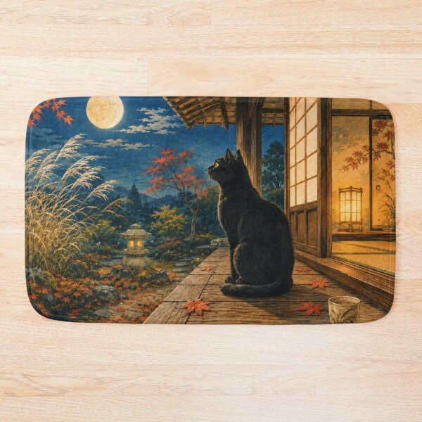 Item preview, Black Cat with Moon and Susuki - Autumn Night Japanese Ukiyo-e Art designed and sold by WabiSabiArts.
