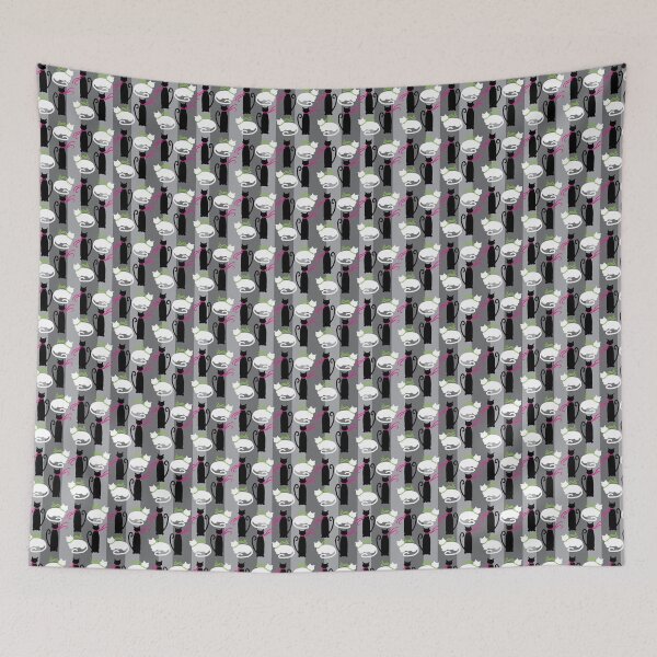 Item preview, Black & White Cozy Cats on Gray Vertical Stripes designed and sold by Digitalmyth's Designs.