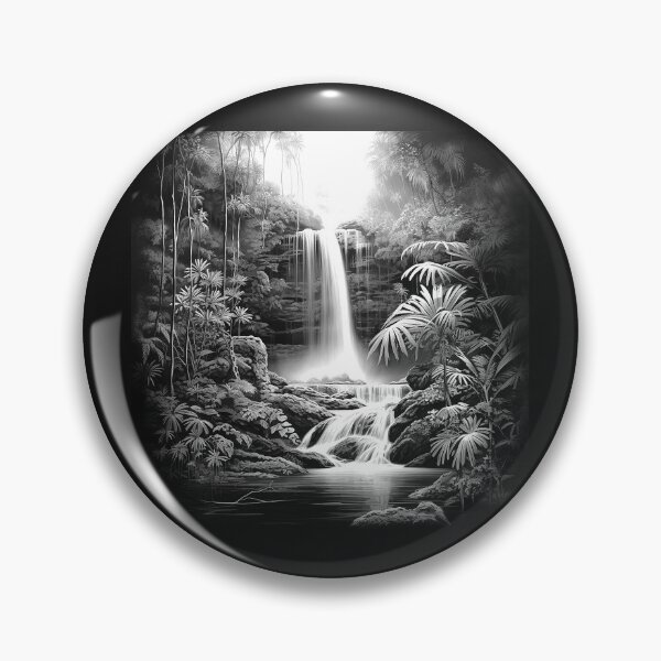 Item preview, Black and White Tropical Waterfall – Serene Jungle Nature Art designed and sold by inkoutninja.