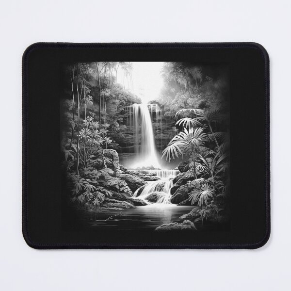 Item preview, Black and White Tropical Waterfall – Serene Jungle Nature Art designed and sold by inkoutninja.