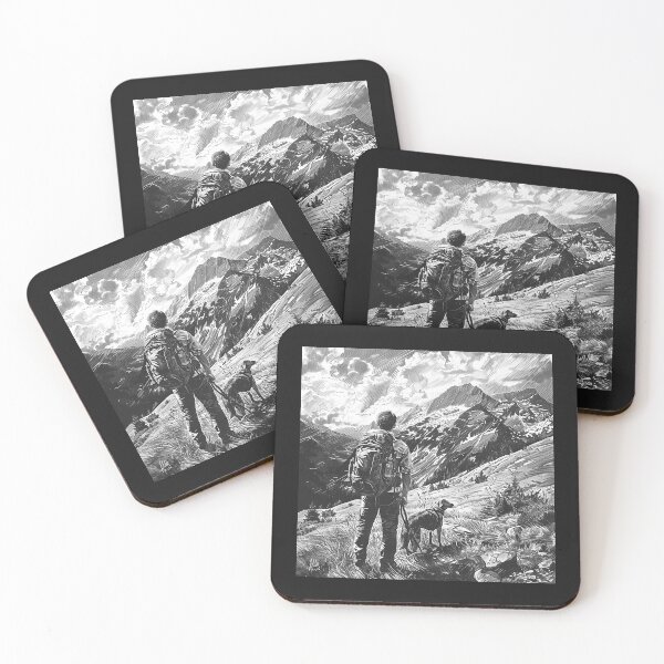 Item preview, Black and White Mountain Hiker with Dog – Adventure Landscape Art designed and sold by inkoutninja.