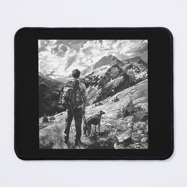 Item preview, Black and White Mountain Hiker with Dog – Adventure Landscape Art designed and sold by inkoutninja.