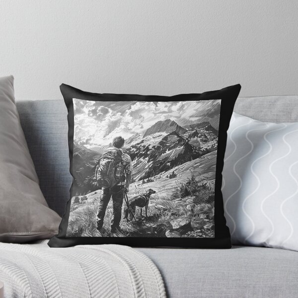 Item preview, Black and White Mountain Hiker with Dog – Adventure Landscape Art designed and sold by inkoutninja.