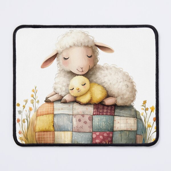 Item preview, Cute watercolor sleeping sheep and chick on patchwork quilt designed and sold by NotasCreativa.