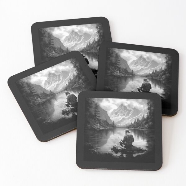 Item preview, Black and White Mountain Lake Fisherman – Peaceful Nature Art designed and sold by inkoutninja.