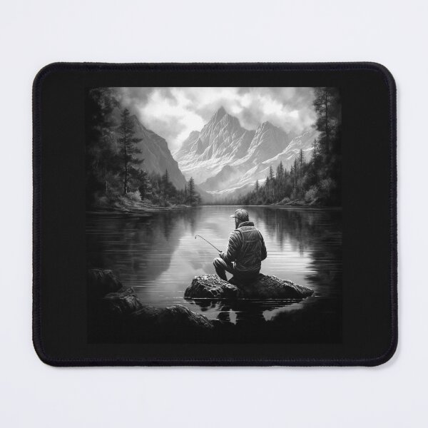Item preview, Black and White Mountain Lake Fisherman – Peaceful Nature Art designed and sold by inkoutninja.