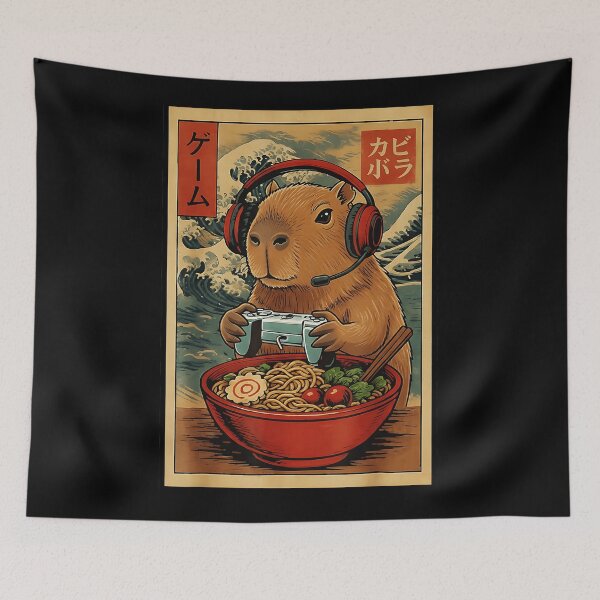 Item preview, Cute Gamer Capybara Eating Ramen in Retro Japanese Arcade Style designed and sold by titanlevi.
