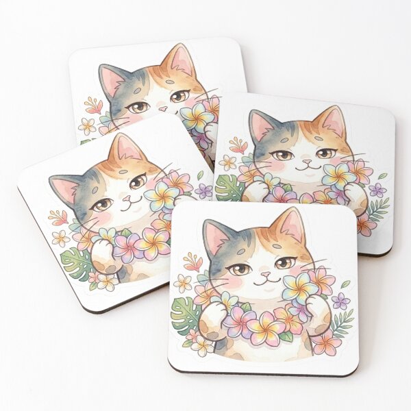 Item preview, Aloha Cat Sticker – Cute Hawaiian Calico Cat with Plumeria Lei, No Text Tropical Kawaii Design designed and sold by LaniDigitalNook.