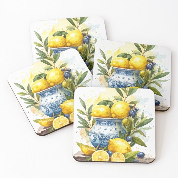 Item preview, Fresh Lemons in Blue Mediterranean Vase Still Life designed and sold by Kavin786.