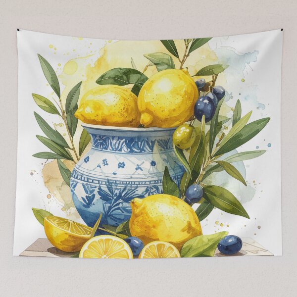 Item preview, Fresh Lemons in Blue Mediterranean Vase Still Life designed and sold by Kavin786.
