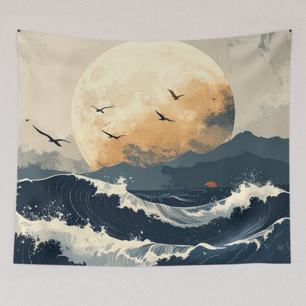 Item preview, Japanese Style Ocean Waves and Full Moon Art designed and sold by Kavin786.