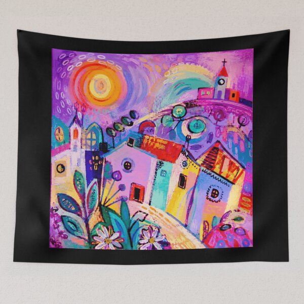 Item preview, Colorful Dreamy Village Painting with Whimsical European Street Vibes designed and sold by eliramaison.