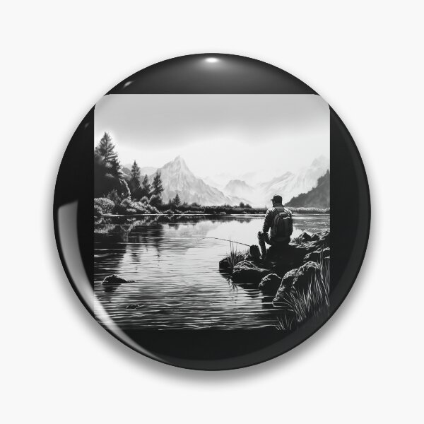 Item preview, Black and White Lakeside Fisherman – Peaceful Mountain Nature Art designed and sold by inkoutninja.